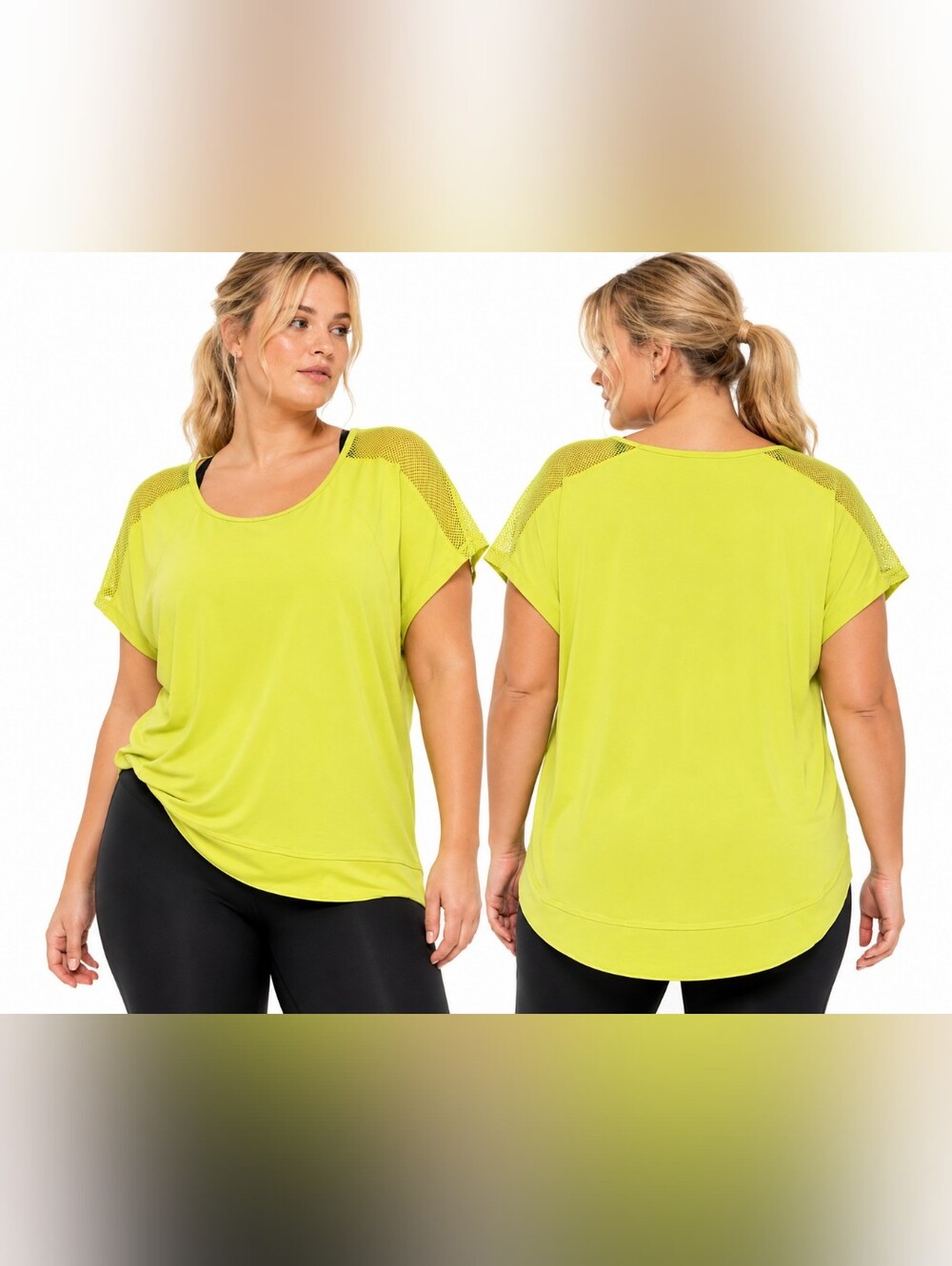 NWT Plus Moda TEK Women's Short Sleeve Lime Green Mesh Net Shoulder Active Shirt